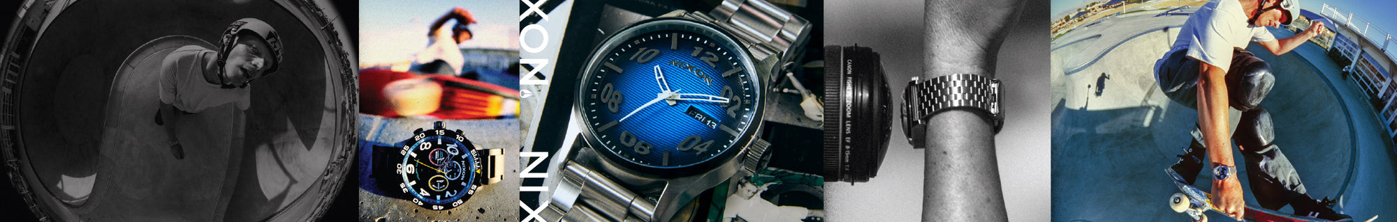 Fisheye view banner featuring skateboarding action, a blue-faced watch, and a fisheye camera lens.