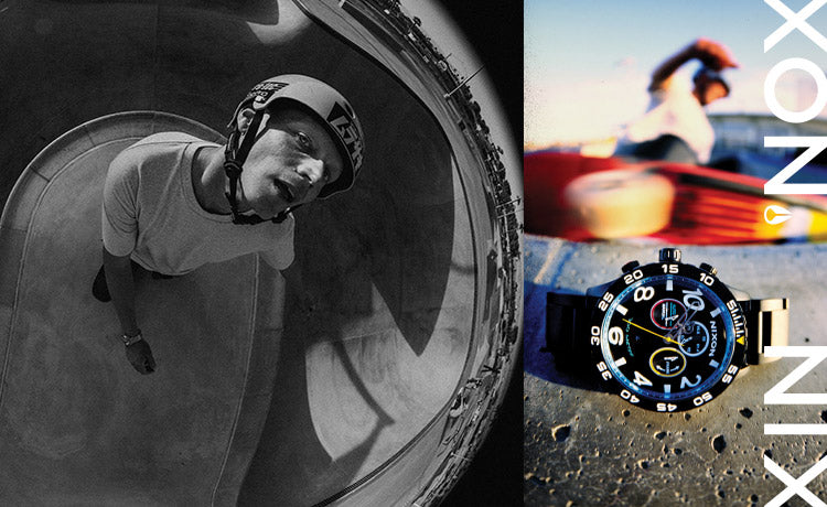 Fisheye image of a skateboarder in a bowl, alongside a Nixon watch and a blurred surfer.