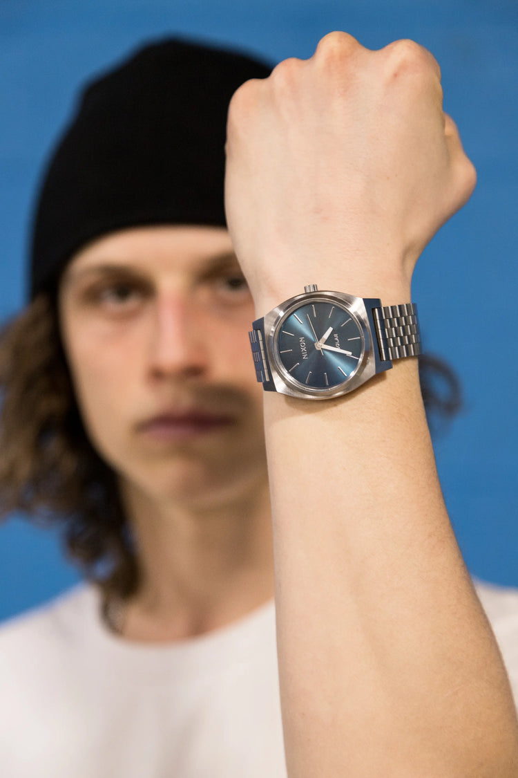 Skater Evan Tancredi shows off his Nixon Time Teller Solar watch