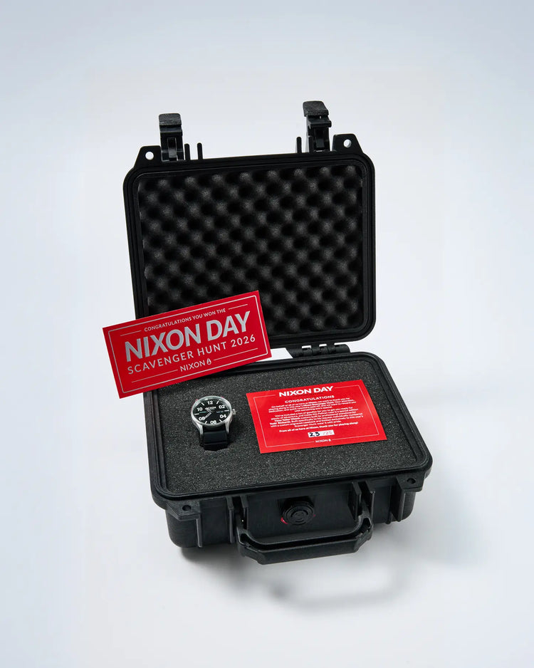 Nixon Day Scavenger Hunt prize watch pictured in a limited edition hard case