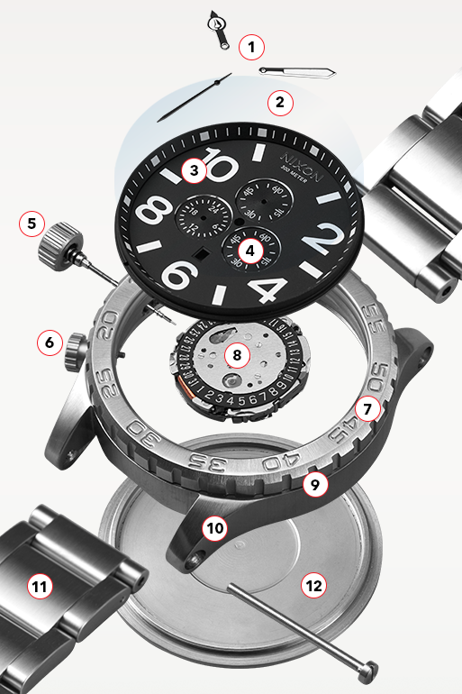 Nixon 51-30 disassembled shows the main parts of a watch