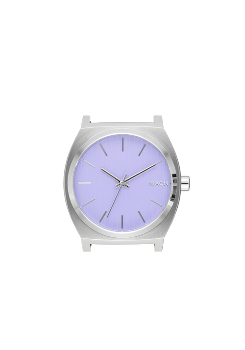 Wristwatch with a silver case and purple dial on a transparent background