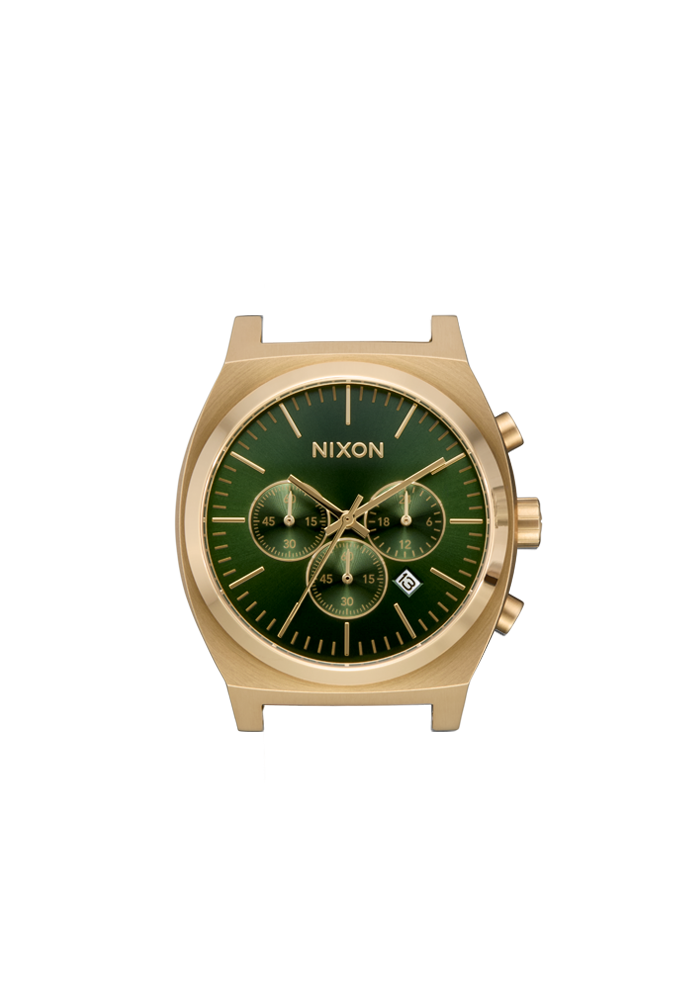 Gold Nixon watch with green face on a transparent background