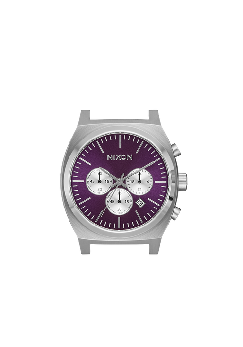 A Nixon chronograph watch with a silver-tone stainless steel case, a deep purple dial, and three white subdials, shown against a plain white background.