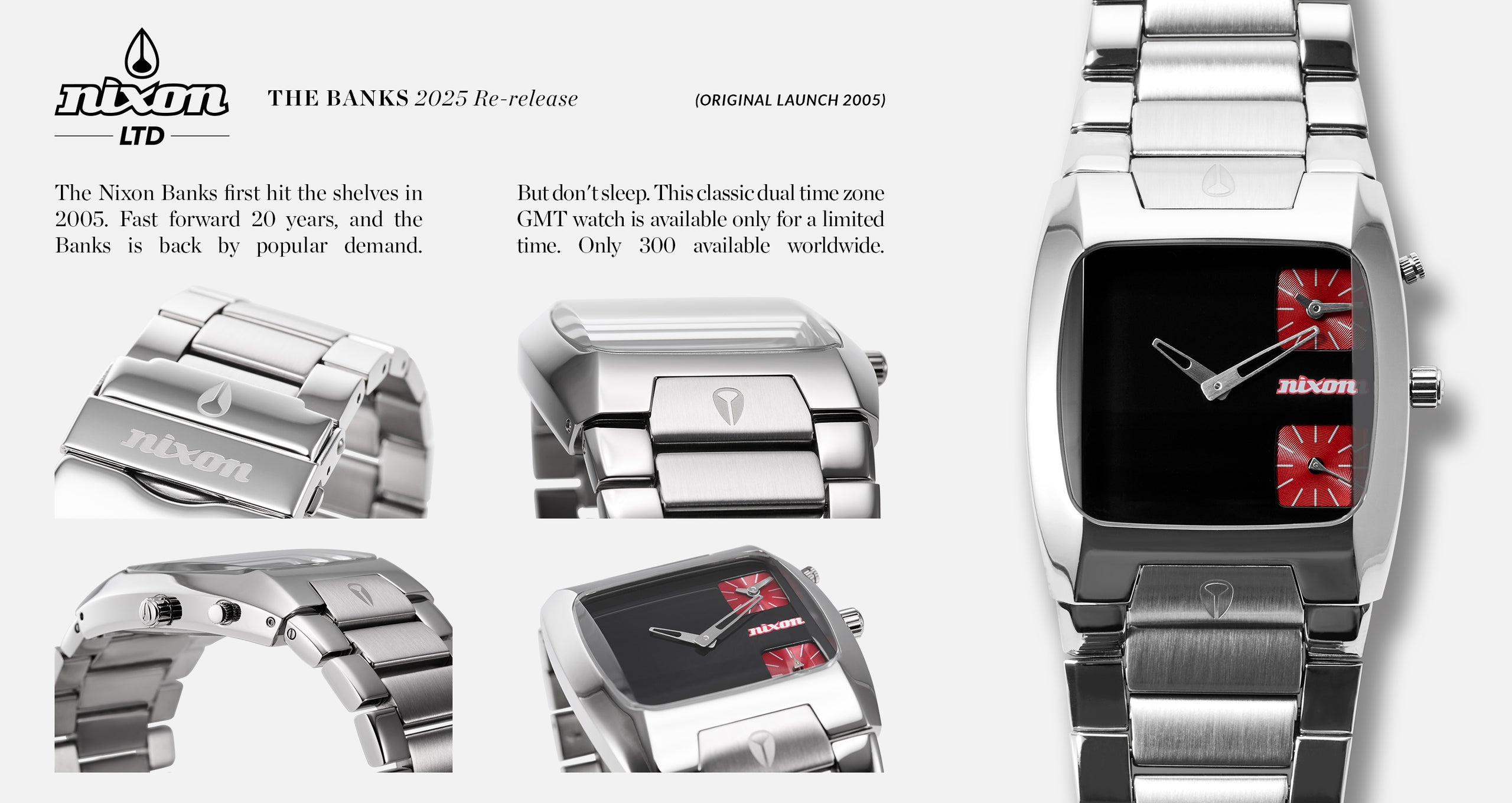 Nixon LTD Banks poster with 5 different views of the watch.