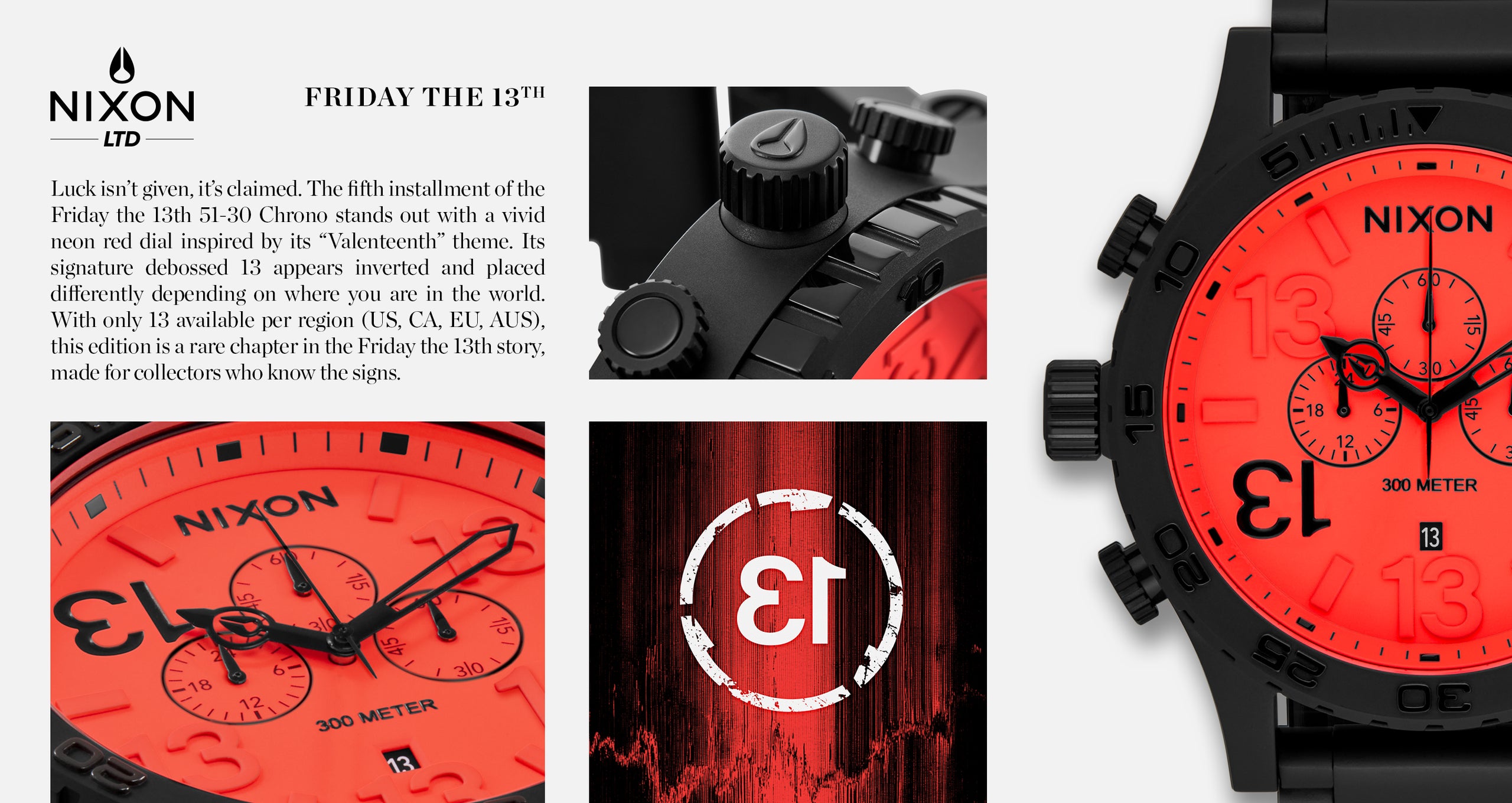 Nixon watch with red face and black accents, featuring 'Friday the 13th' branding.