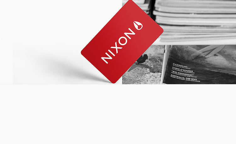 Red Nixon card with a black and white photo of a stack of magazines.