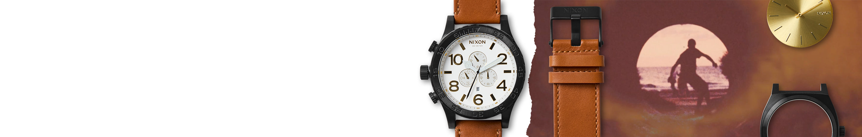 nixon build your own watch parts shown on top of skateboarder.