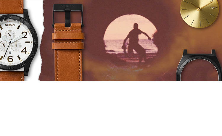 nixon build your own watch parts shown on top of skateboarder.