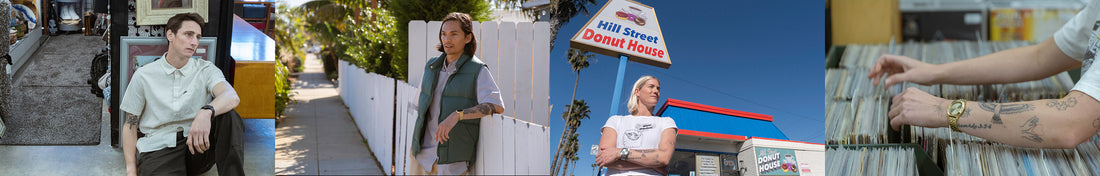 A collage of diverse individuals in various settings, including a man sitting indoors, another man leaning on a white fence outdoors, a woman standing in front of "Hill Street Donut House," and a person browsing vinyl records.