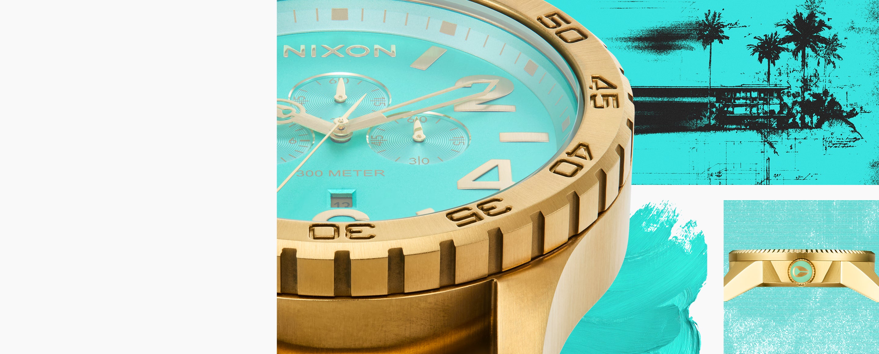 Nixon watch with turquoise face and gold case on a light blue background