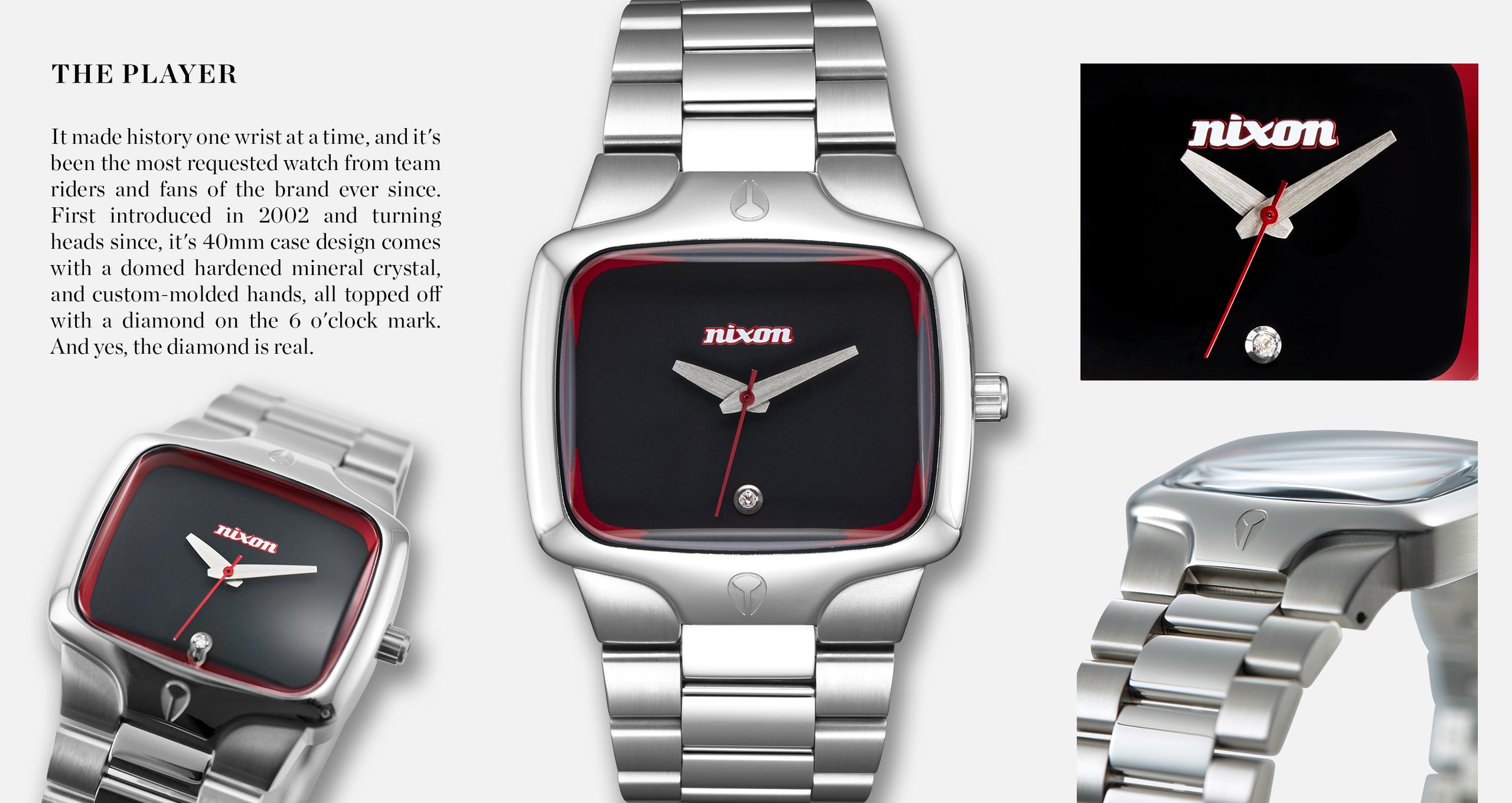 Nixon "The Player" watch with stainless steel band, black face, red trim, and diamond at 6 o'clock.