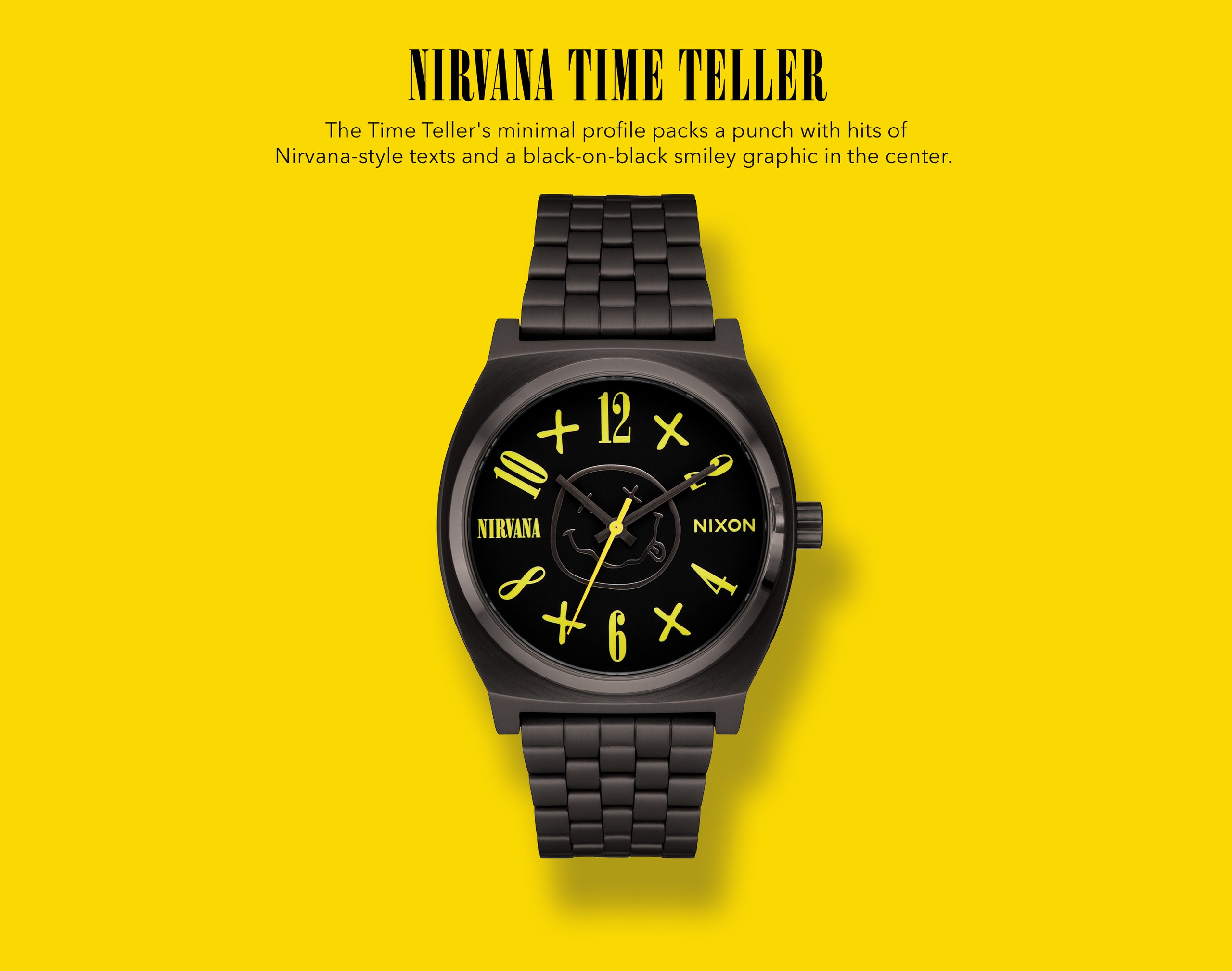 A black Nixon "Nirvana Time Teller" watch with a black-on-black smiley graphic and yellow Nirvana-style text on a bright yellow background.