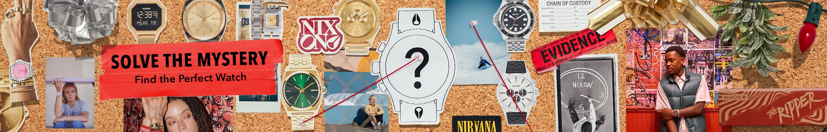 Collage on corkboard with various watches, people, and text "SOLVE THE MYSTERY Find the Perfect Watch" and a question mark in a watch outline.