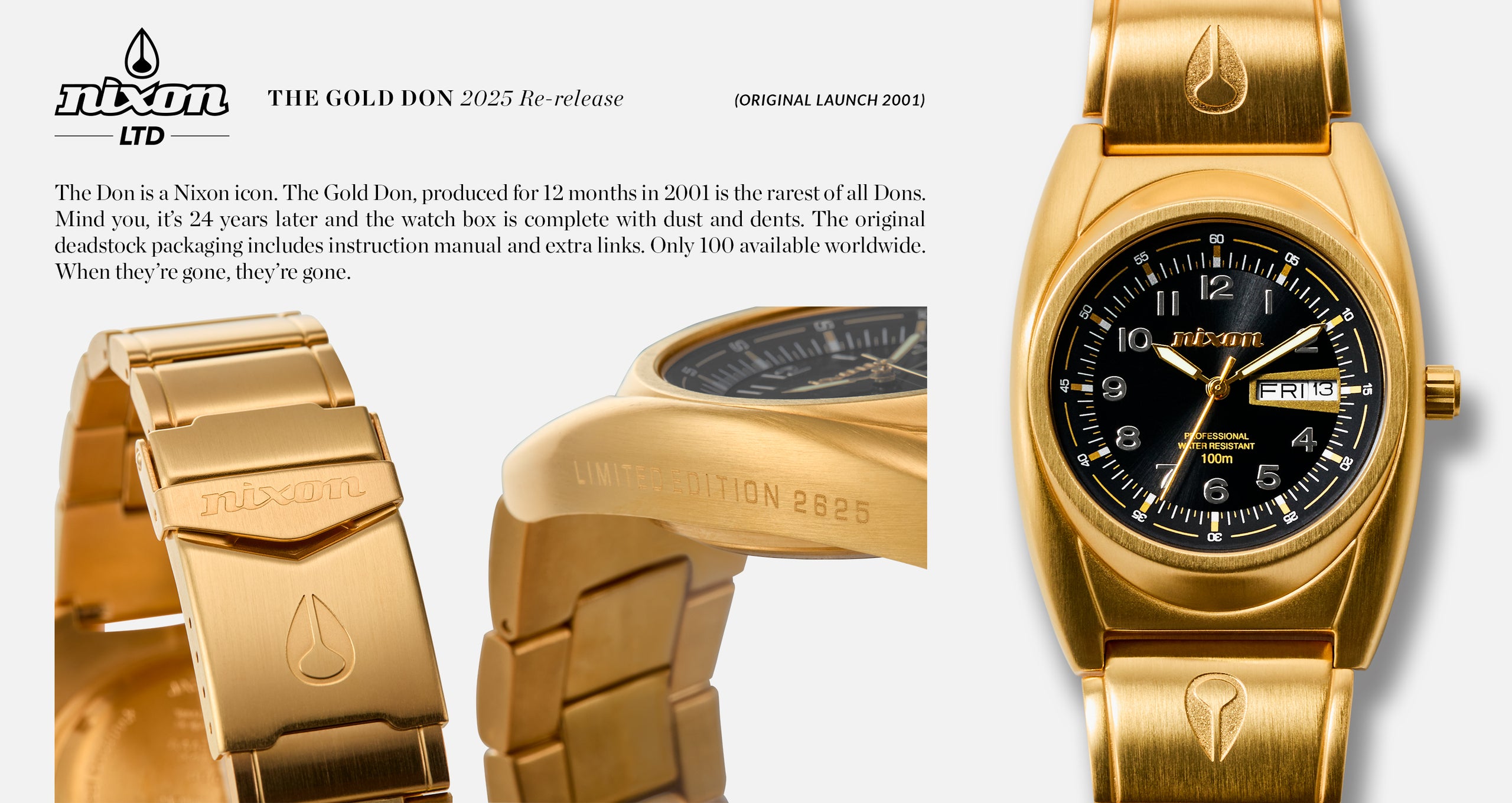 Nixon "The Gold Don" 2025 re-release watch, a limited edition gold watch with a black face and gold accents.
