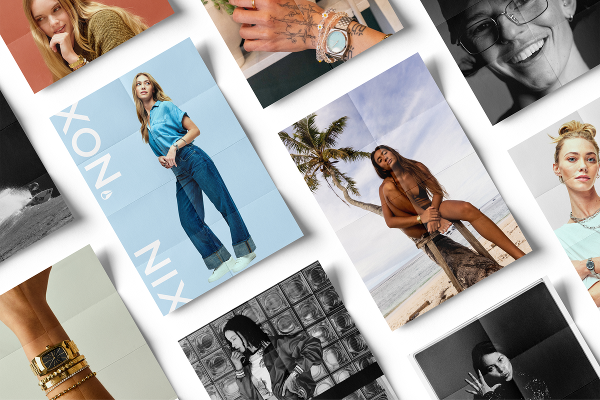 Marketing collage of various women wearing Nixon watches for women.
