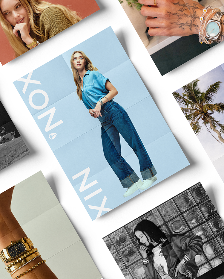 Marketing collage of various women wearing Nixon watches for women.