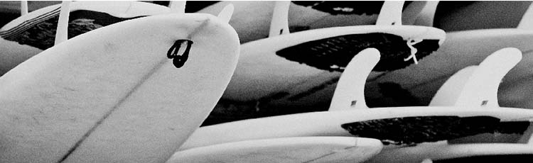 Close-up of several surfboards, showing their fins and tails in monochrome.