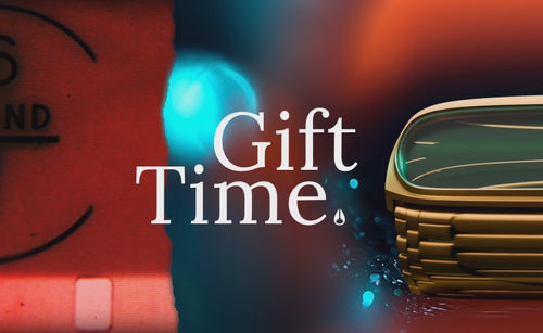 image of holiday textures and lighting, with GIFT TIME in the center showing nixon watches throughout.